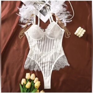 Wedding Bridal White Feather Boudoir Teddy Lingerie Bodysuit
